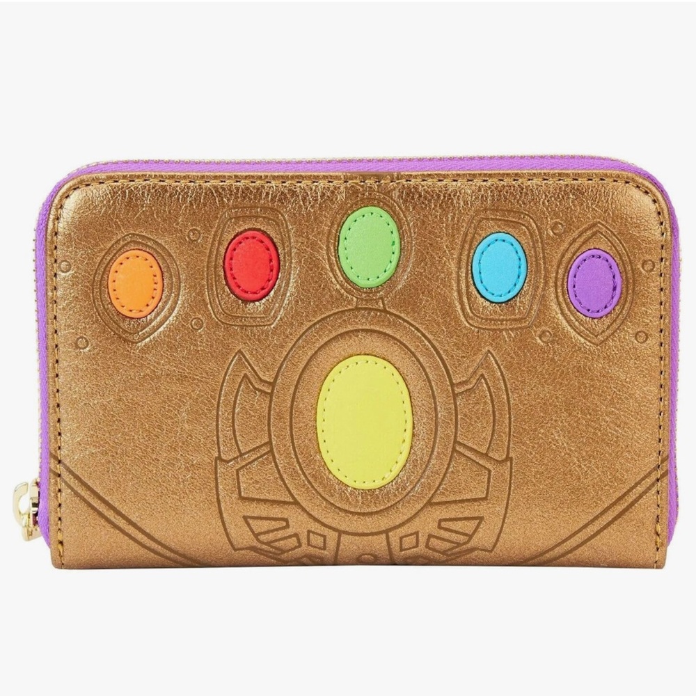 Loungefly Disney Marvel Gold Metallic Thanos Infinity Gauntlet Zip Around Wallet